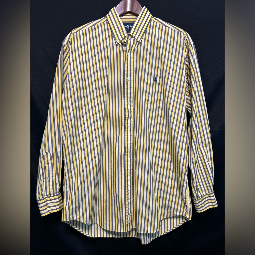 Ralph Lauren Shirt Mens Medium Long Sleeve Cotton Yellow Stripes Collar Classic